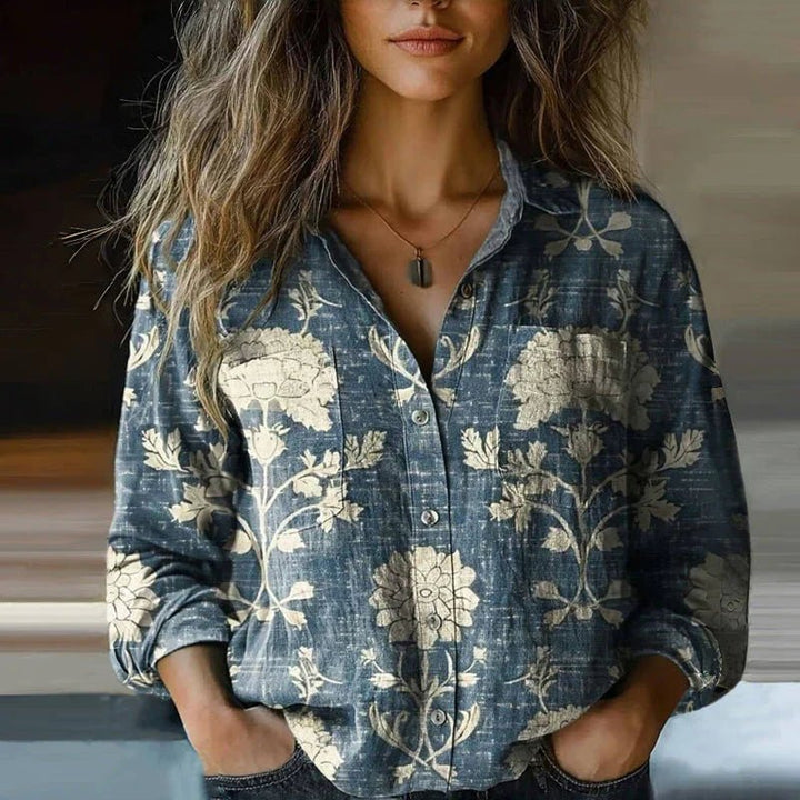 Damen Langarm Boho Bluse mit Paisley Vintage Muster - Blue
