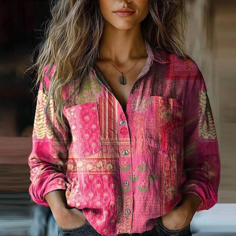 Damen Langarm Boho Bluse mit Paisley Vintage Muster - Pink