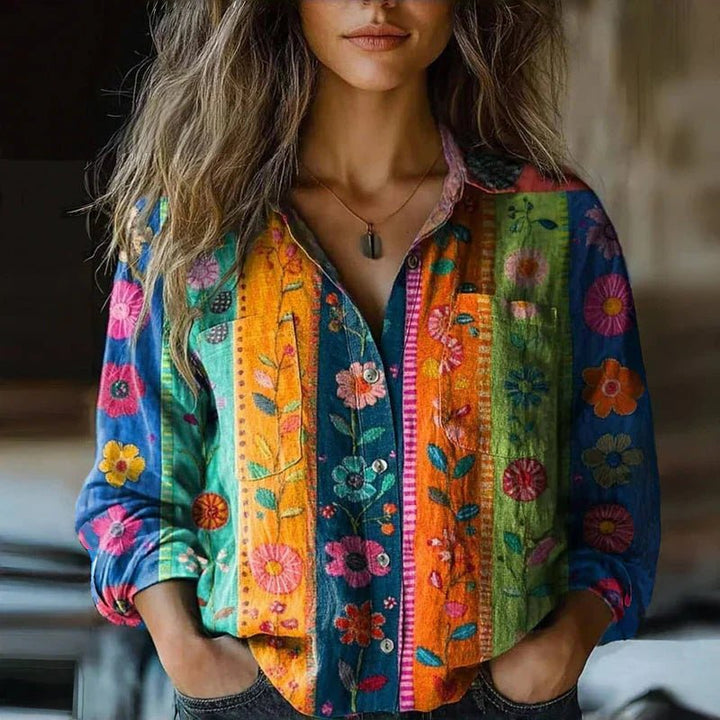 Damen Langarm Boho Bluse mit Paisley Vintage Muster - Multicolored