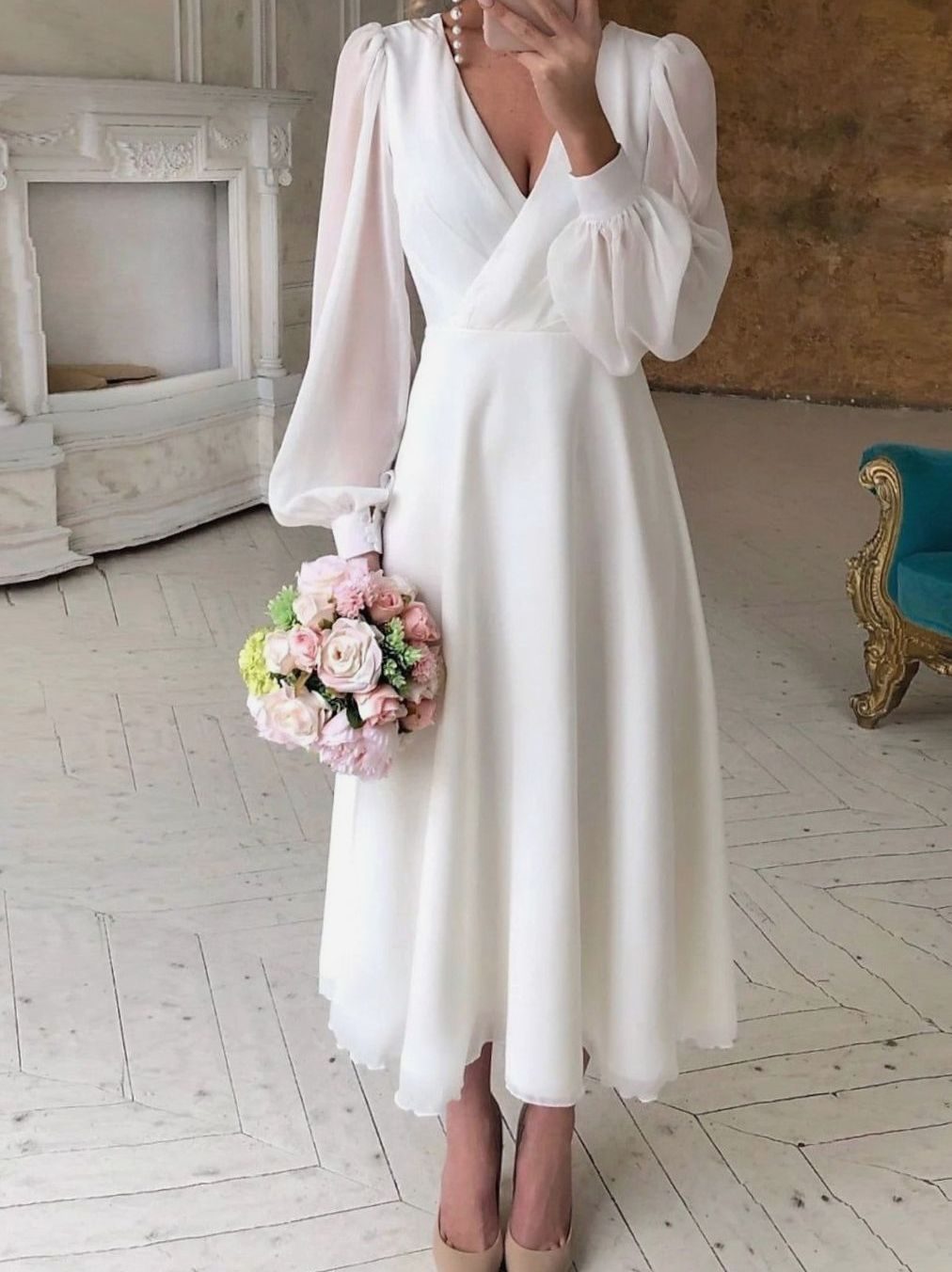 Damen Langarm Fließendes Brautkleid V-Ausschnitt Midi Chiffon - Weiß