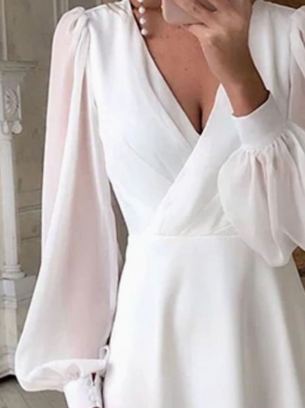 Damen Langarm Fließendes Brautkleid V-Ausschnitt Midi Chiffon