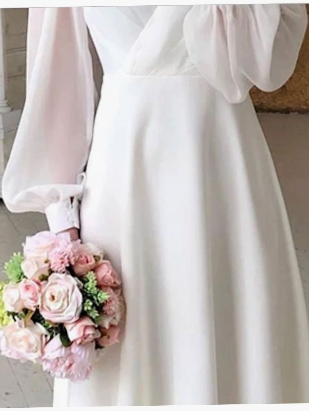 Damen Langarm Fließendes Brautkleid V-Ausschnitt Midi Chiffon