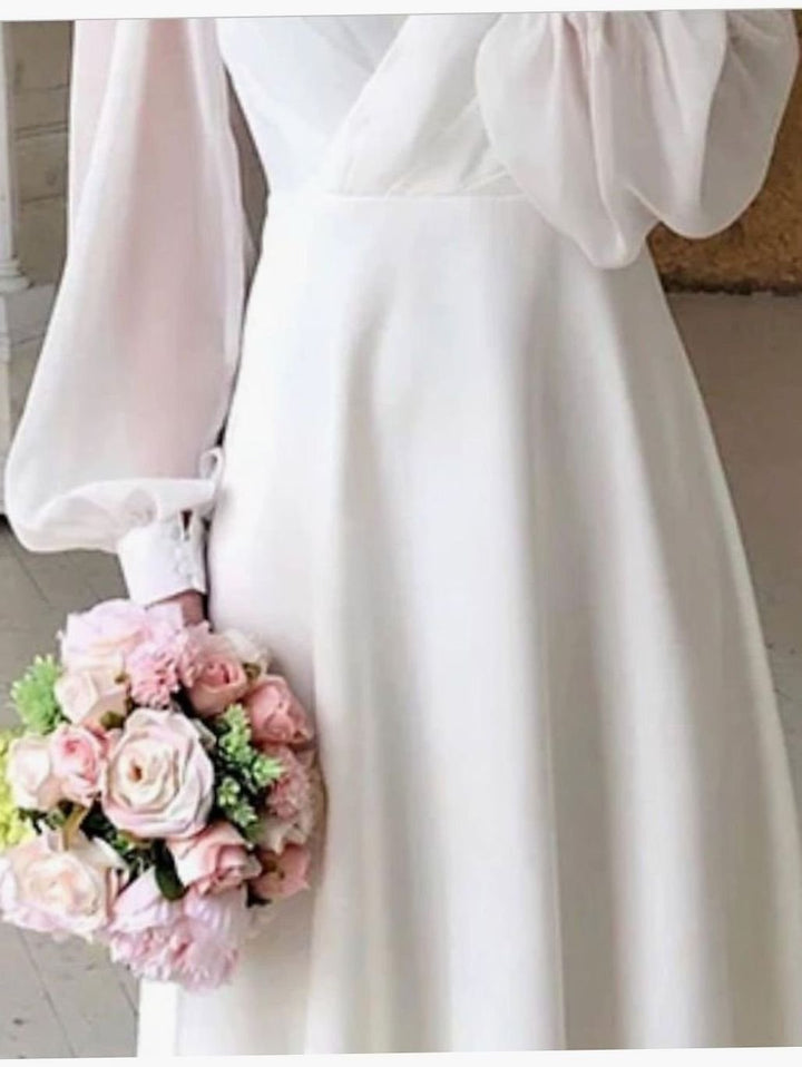 Damen Langarm Fließendes Brautkleid V-Ausschnitt Midi Chiffon