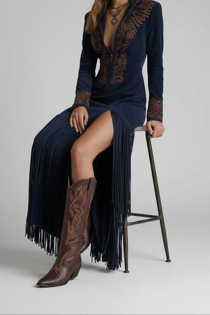Damen Langarm Fransen-Abendkleid Western Maxi mit V-Ausschnitt