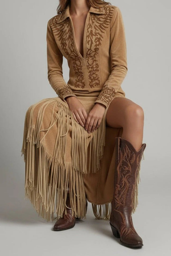 Damen Langarm Fransen-Abendkleid Western Maxi mit V-Ausschnitt - Hellbraun