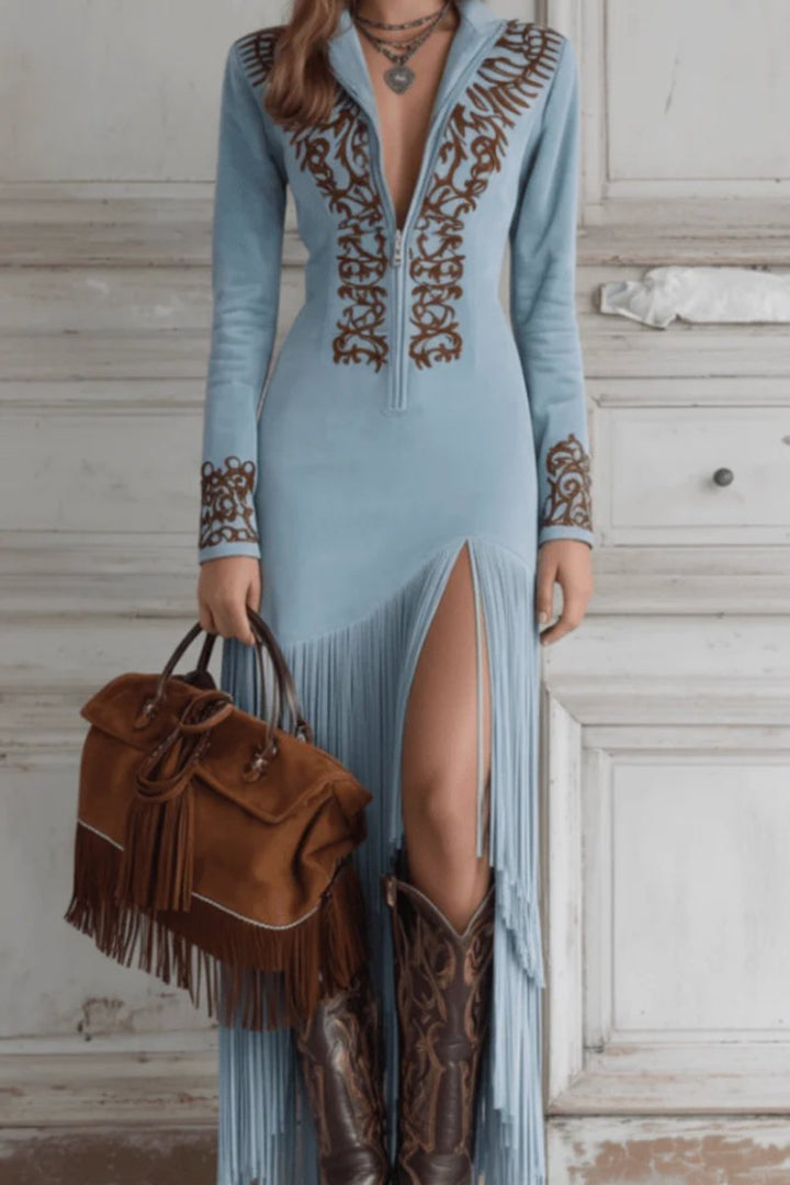 Damen Langarm Fransen-Abendkleid Western Maxi mit V-Ausschnitt