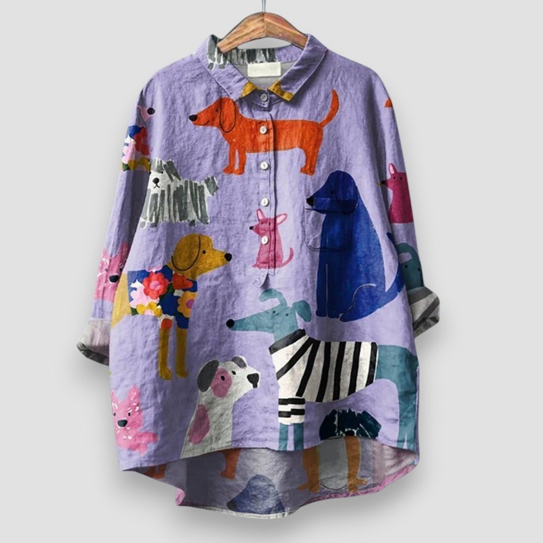 Damen Langarm Hunde-Print Button-Down Hemdbluse - Purple