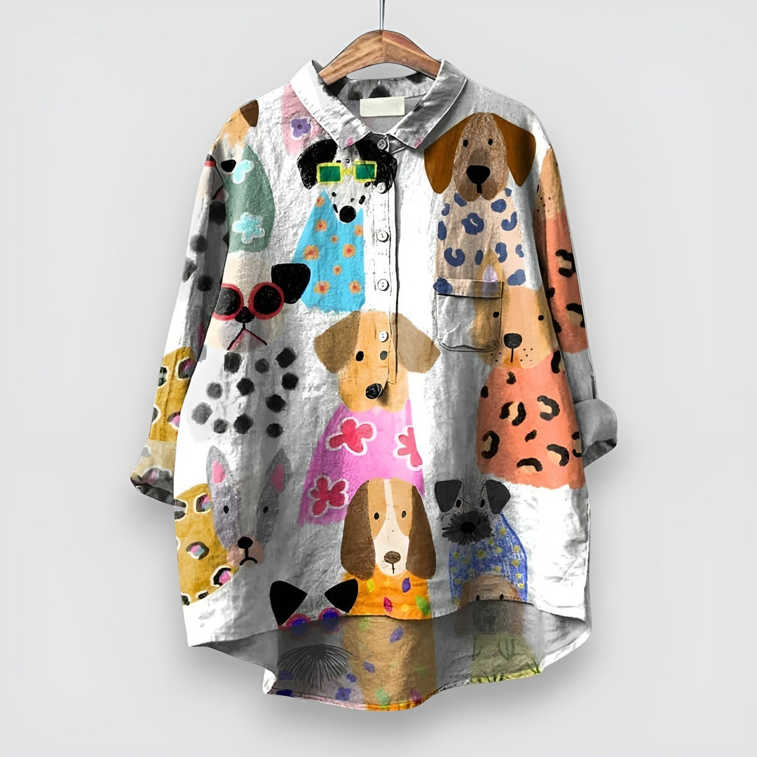 Damen Langarm Hunde-Print Button-Down Hemdbluse - White