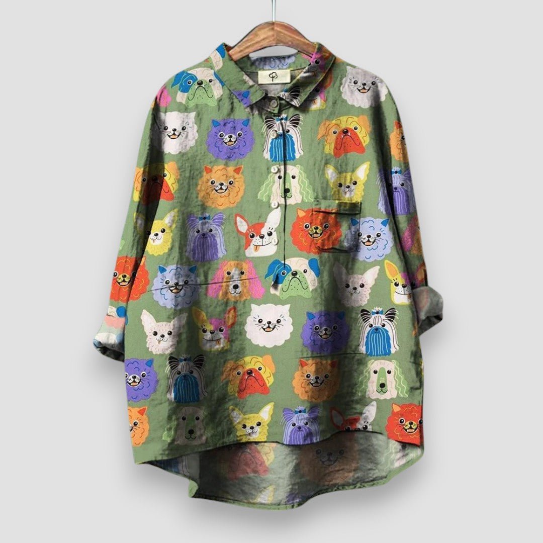 Damen Langarm Hunde-Print Button-Down Hemdbluse - Green