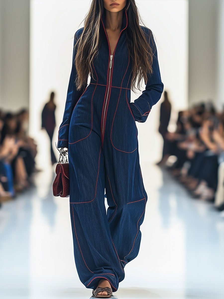 Damen Langarm-Jumpsuit Wide Leg Pants Reißverschluss Kontrastnähte - Dunkelblau