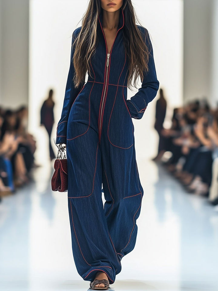 Damen Langarm-Jumpsuit Wide Leg Pants Reißverschluss Kontrastnähte - Dunkelblau