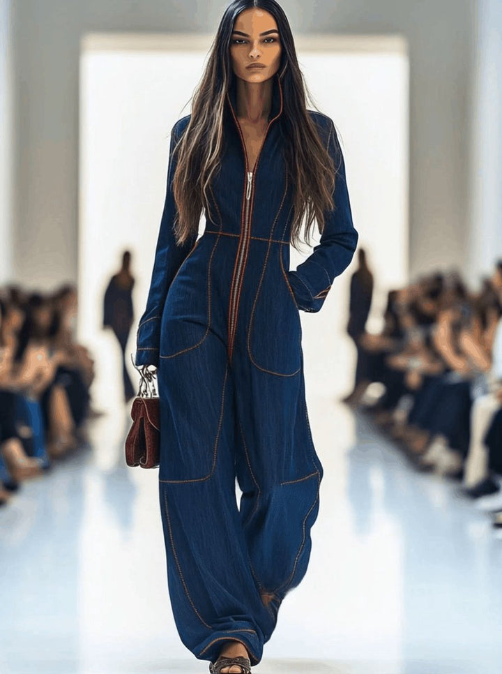 Damen Langarm-Jumpsuit Wide Leg Pants Reißverschluss Kontrastnähte