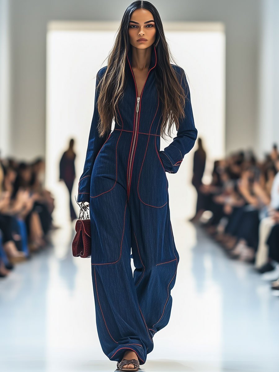 Damen Langarm-Jumpsuit Wide Leg Pants Reißverschluss Kontrastnähte