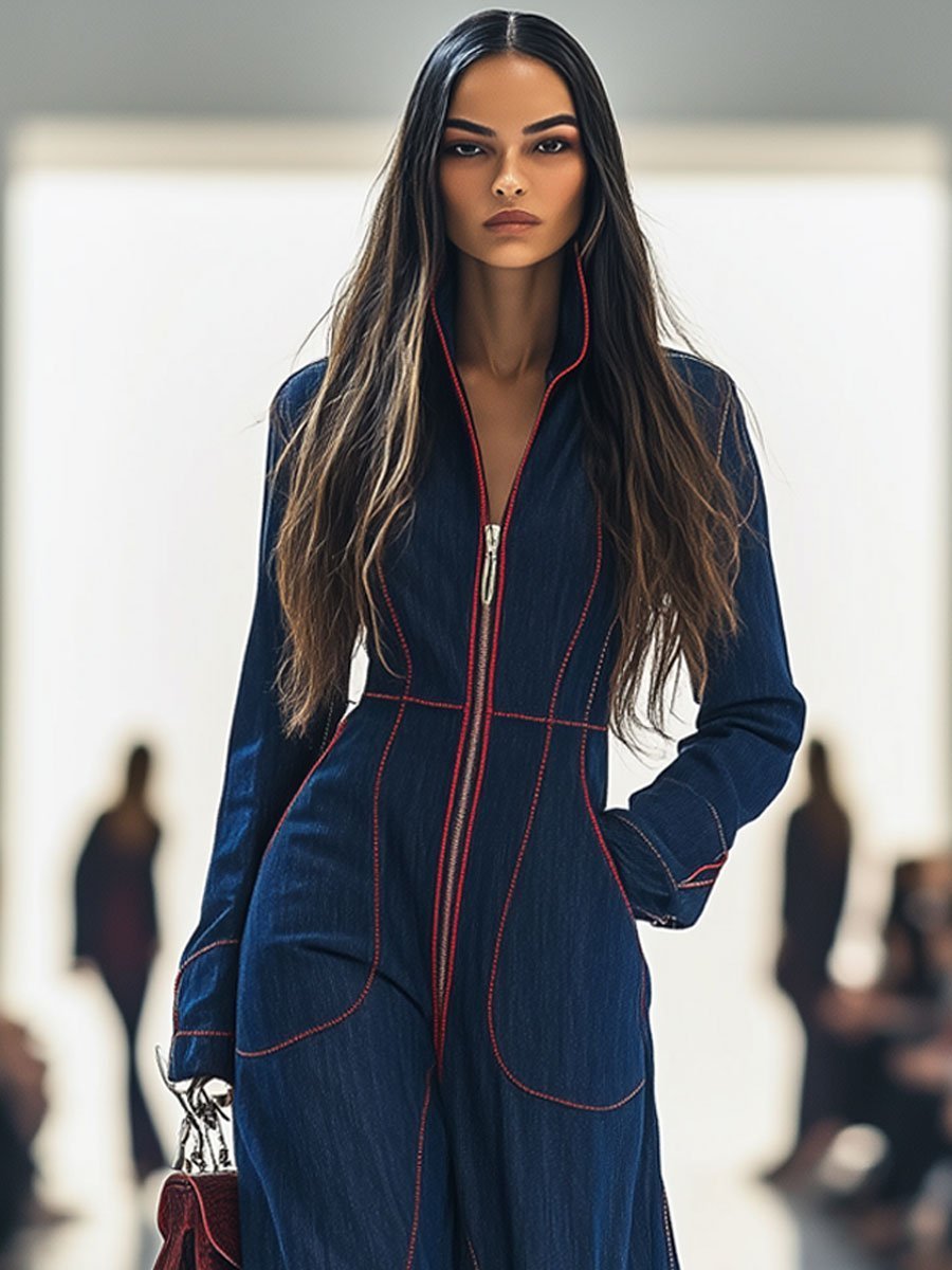 Damen Langarm-Jumpsuit Wide Leg Pants Reißverschluss Kontrastnähte