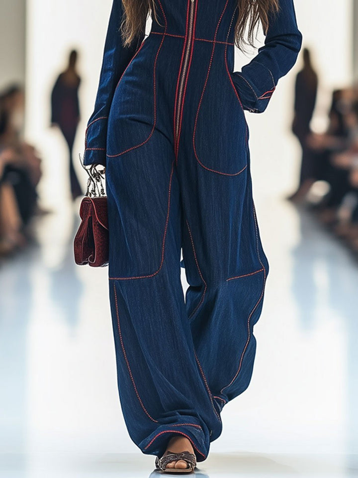 Damen Langarm-Jumpsuit Wide Leg Pants Reißverschluss Kontrastnähte