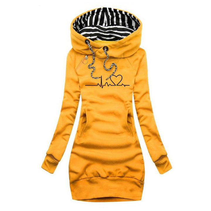 Damen Langarm-Kleid Kapuzenpullover Herzschlag-Print Sweatkleid - Gelb