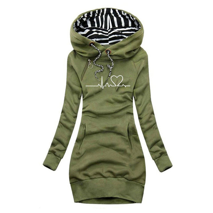 Damen Langarm-Kleid Kapuzenpullover Herzschlag-Print Sweatkleid - Grün