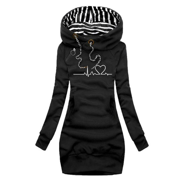 Damen Langarm-Kleid Kapuzenpullover Herzschlag-Print Sweatkleid - Schwarz