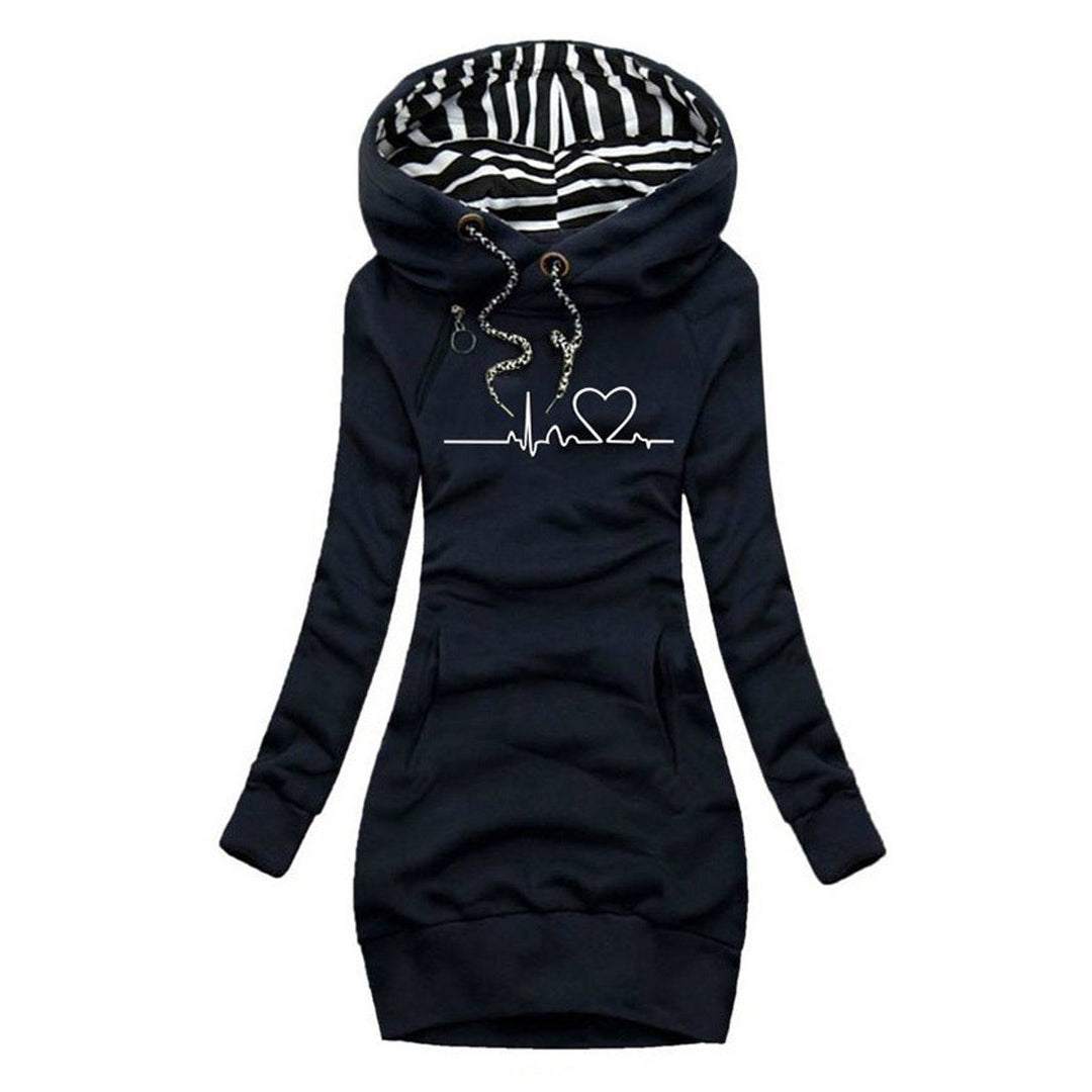 Damen Langarm-Kleid Kapuzenpullover Herzschlag-Print Sweatkleid - Blau