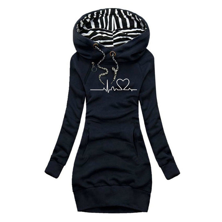 Damen Langarm-Kleid Kapuzenpullover Herzschlag-Print Sweatkleid - Blau