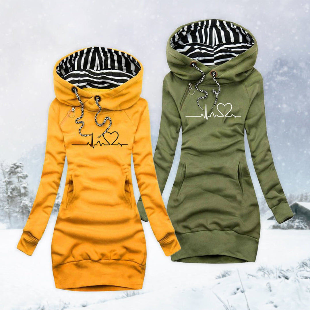 Damen Langarm-Kleid Kapuzenpullover Herzschlag-Print Sweatkleid