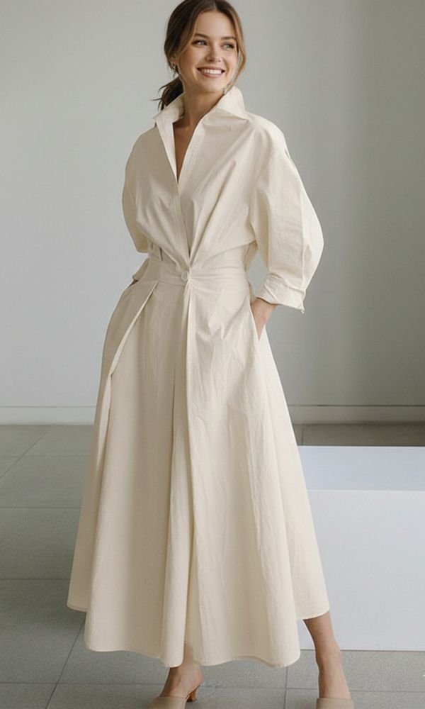 Damen Langarm Maxi Hemdkleid mit Knopfleiste - Beige