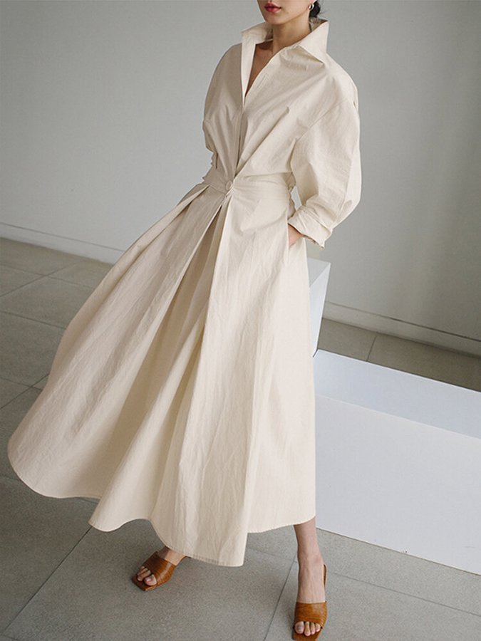 Damen Langarm Maxi Hemdkleid mit Knopfleiste