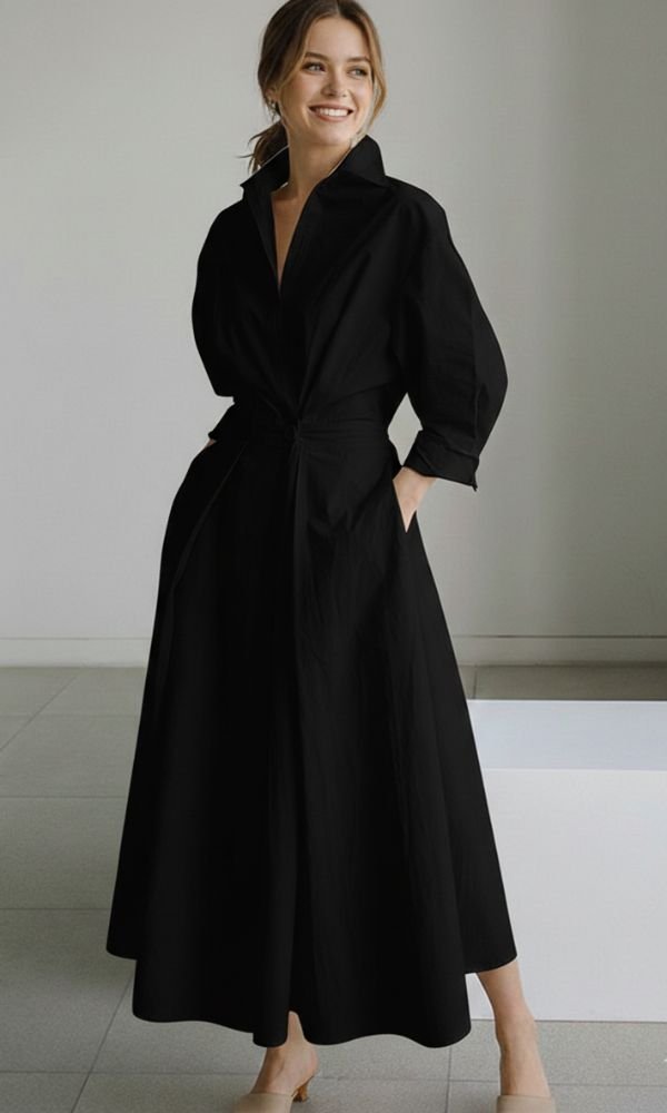 Damen Langarm Maxi Hemdkleid mit Knopfleiste - Black