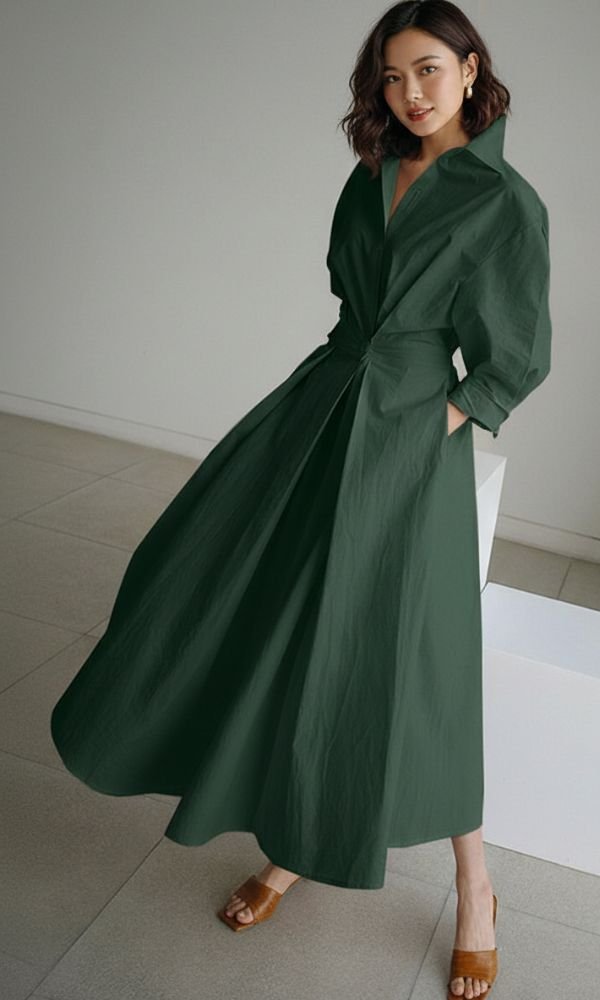Damen Langarm Maxi Hemdkleid mit Knopfleiste - Army Green