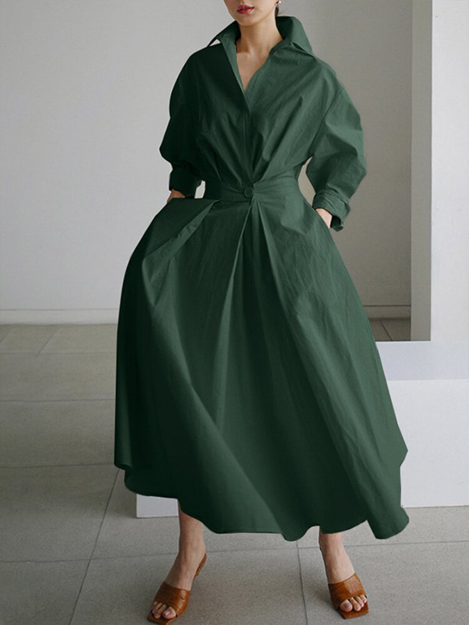 Damen Langarm Maxi Hemdkleid mit Knopfleiste