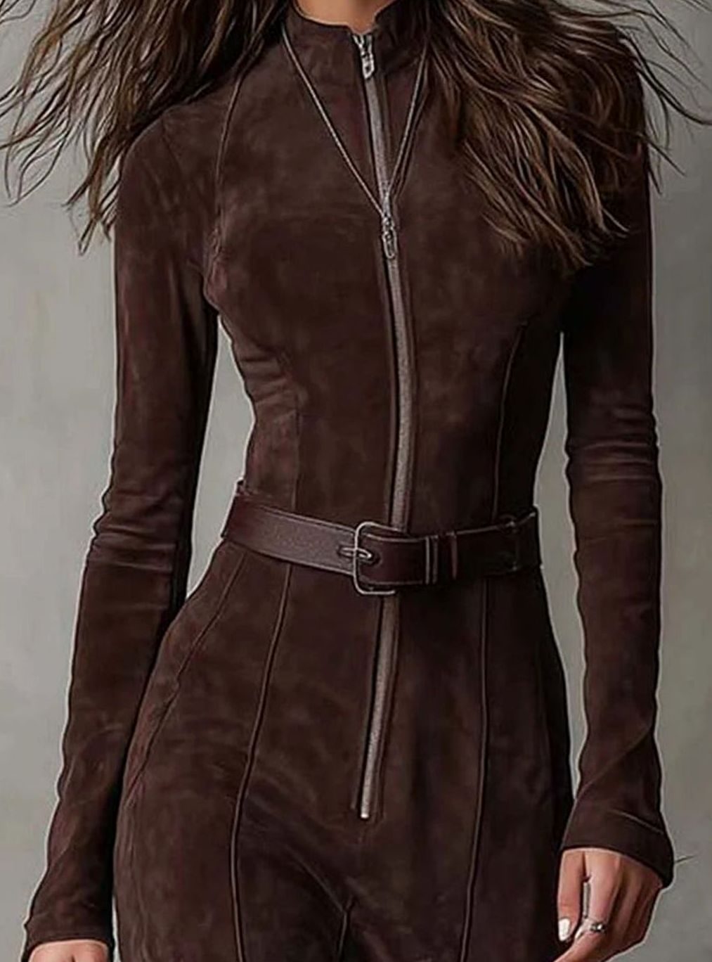Damen Langarm Maxi-Kleid mit Hohem Schlitz Reißverschluss Gürtel