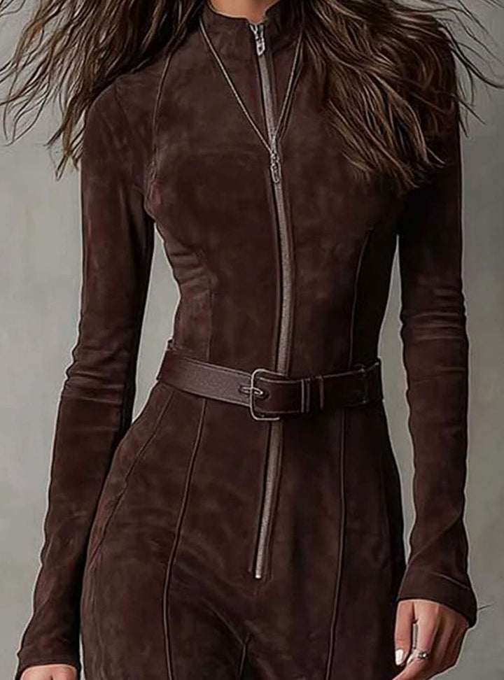 Damen Langarm Maxi-Kleid mit Hohem Schlitz Reißverschluss Gürtel