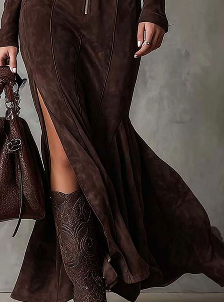Damen Langarm Maxi-Kleid mit Hohem Schlitz Reißverschluss Gürtel
