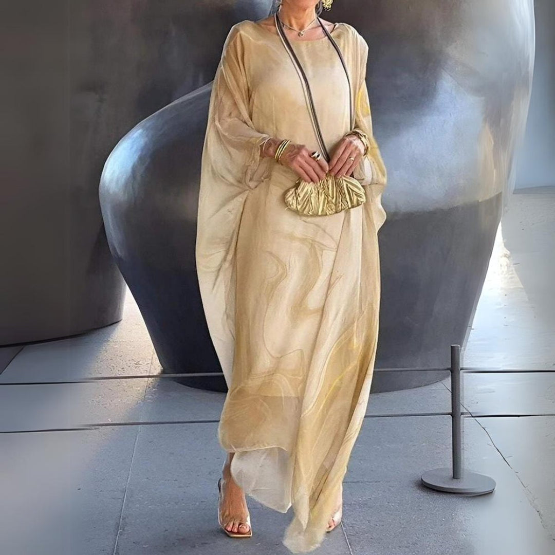 Damen Langarm-Maxikleid fließend Rundhals festlich elegant - Gelb (Fast ausverkauft)