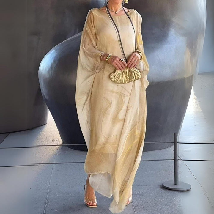 Damen Langarm-Maxikleid fließend Rundhals festlich elegant - Gelb (Fast ausverkauft)