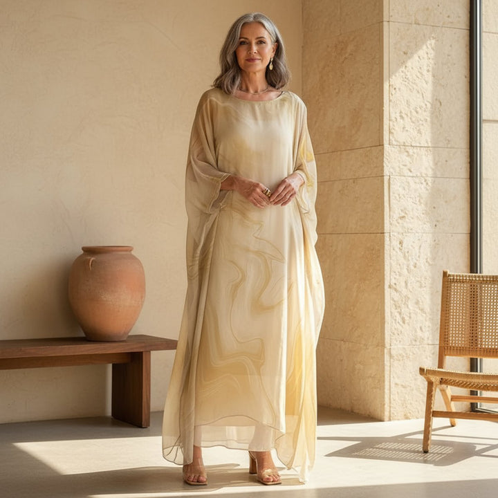 Damen Langarm-Maxikleid fließend Rundhals festlich elegant