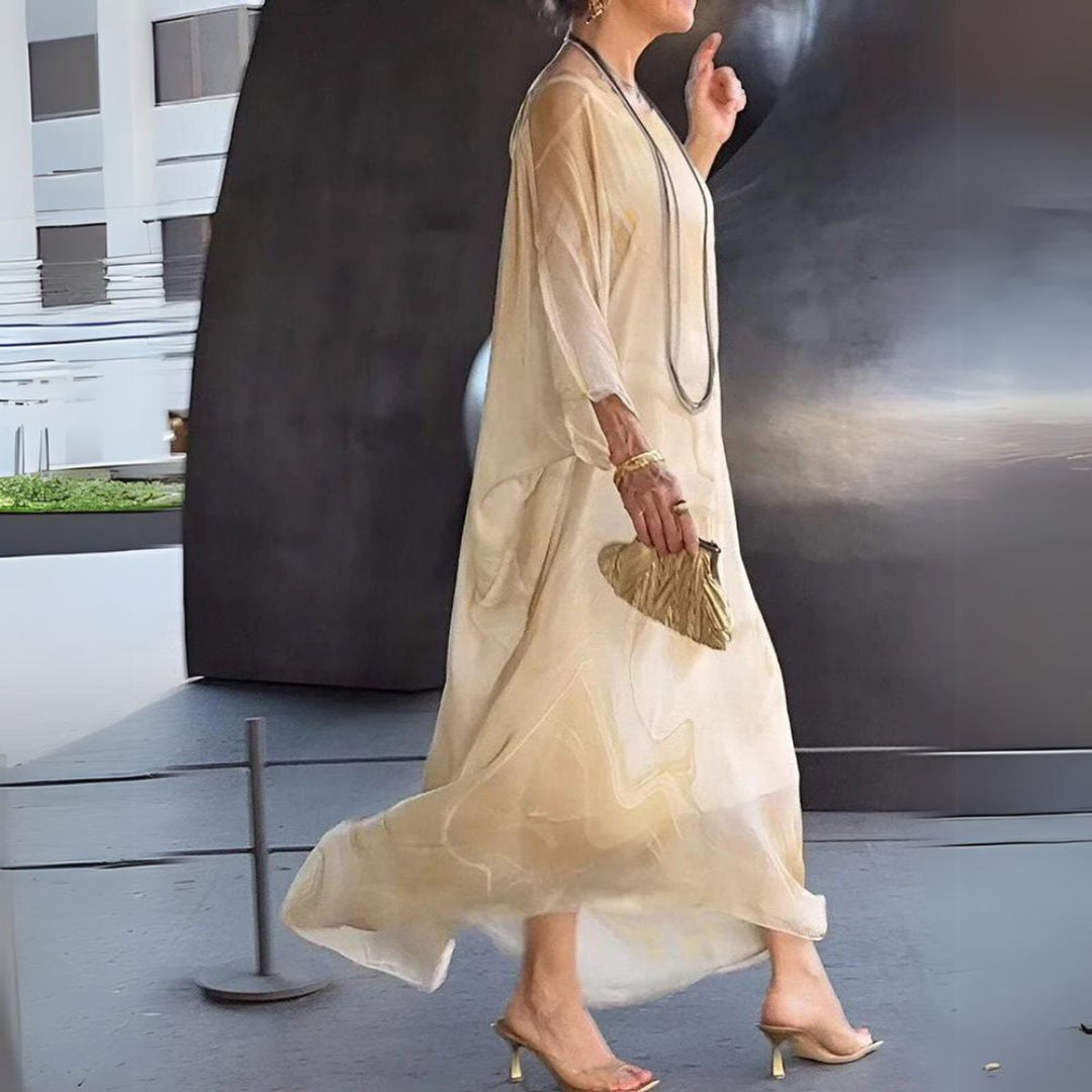 Damen Langarm-Maxikleid fließend Rundhals festlich elegant
