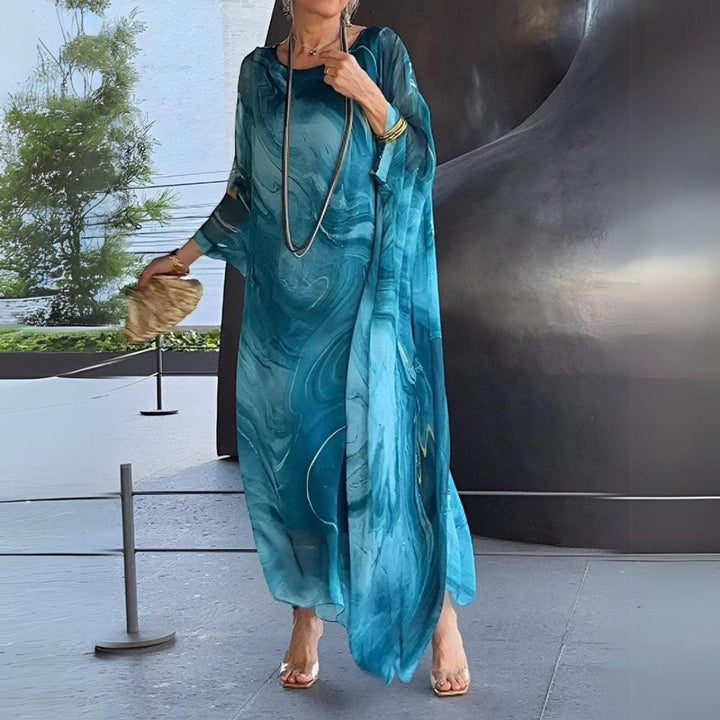Damen Langarm-Maxikleid fließend Rundhals festlich elegant - Blau (Fast ausverkauft)