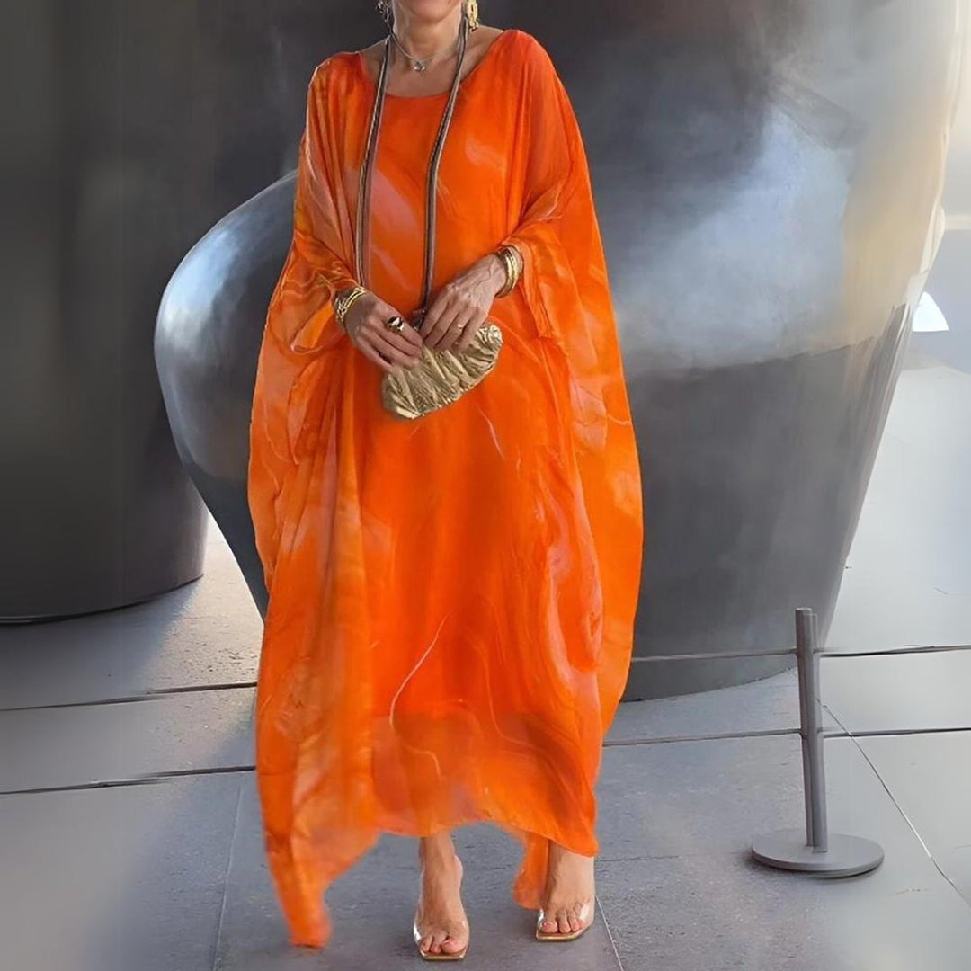 Damen Langarm-Maxikleid fließend Rundhals festlich elegant - Orange