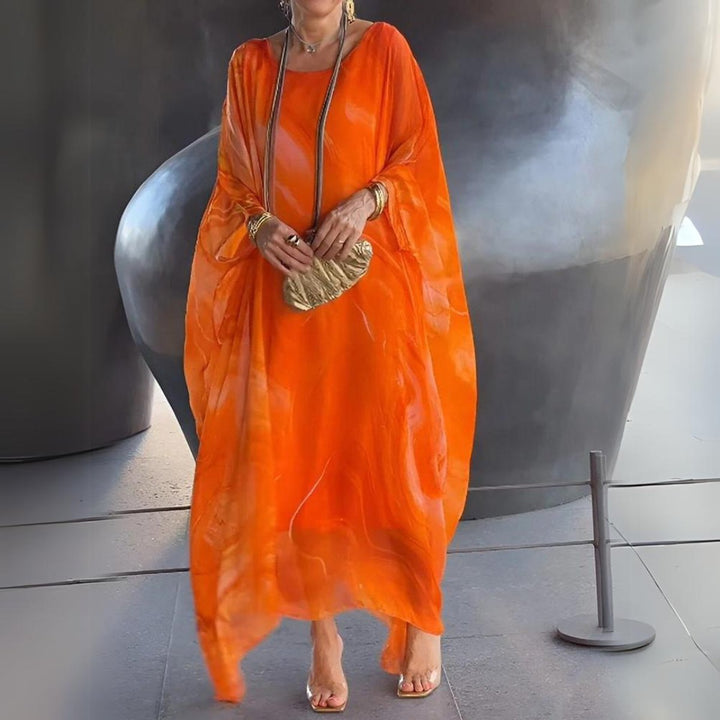 Damen Langarm-Maxikleid fließend Rundhals festlich elegant - Orange