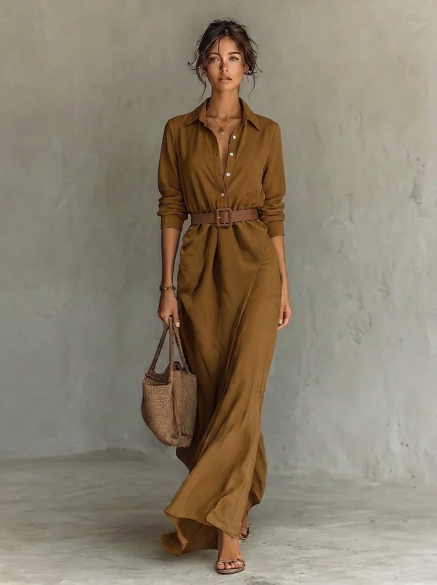 Damen Langarm-Maxikleid fließend tailliert mit Gürtel - Khaki