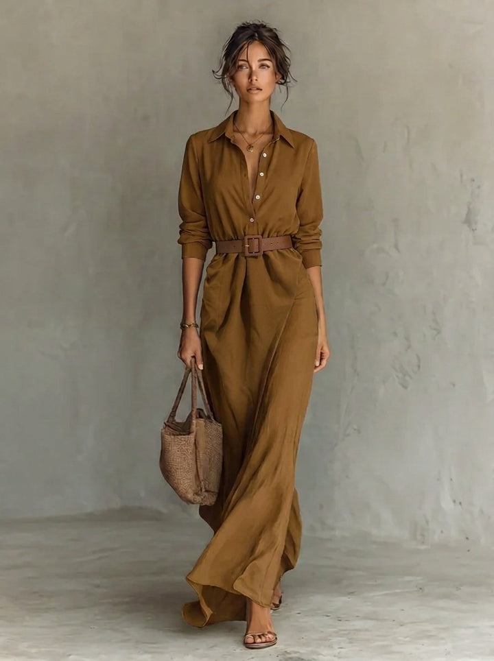 Damen Langarm-Maxikleid fließend tailliert mit Gürtel - Khaki