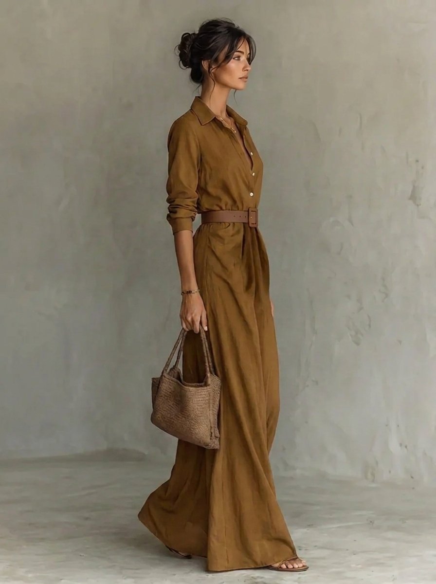 Damen Langarm-Maxikleid fließend tailliert mit Gürtel