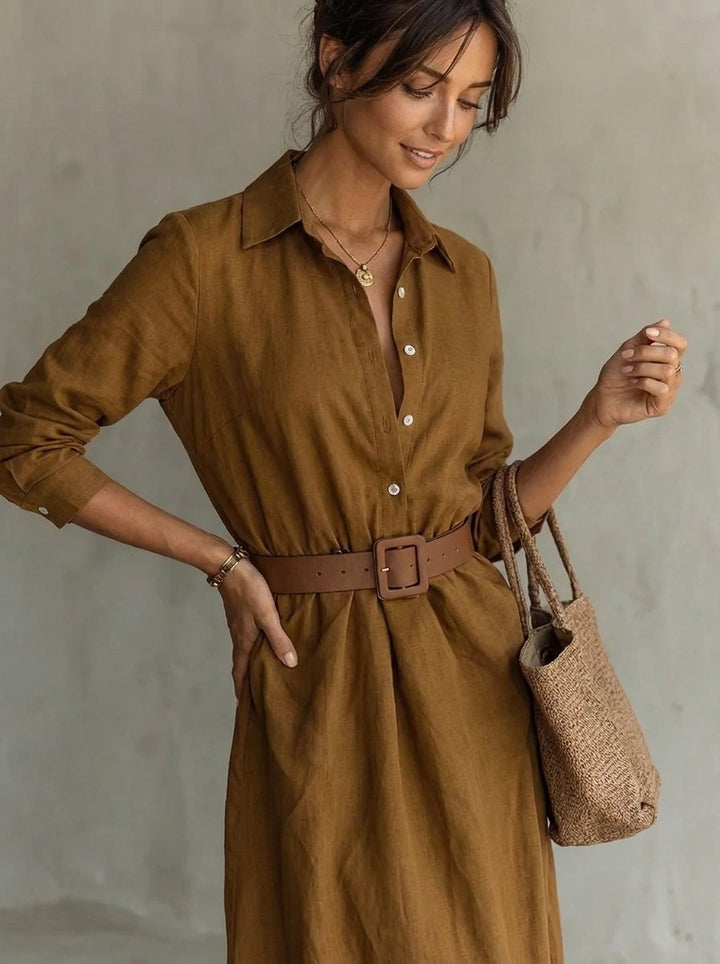 Damen Langarm-Maxikleid fließend tailliert mit Gürtel
