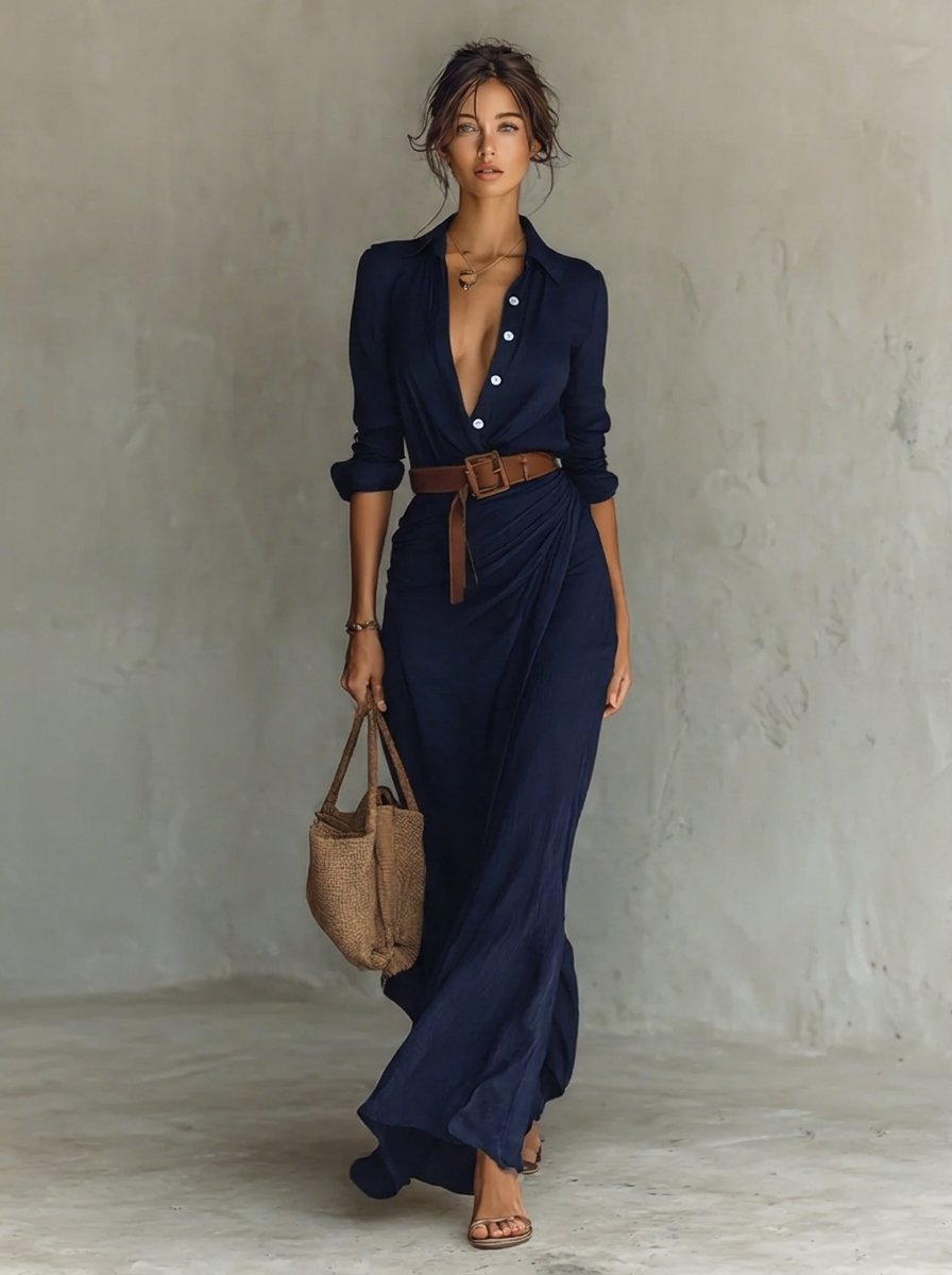 Damen Langarm-Maxikleid fließend tailliert mit Gürtel - Marineblau