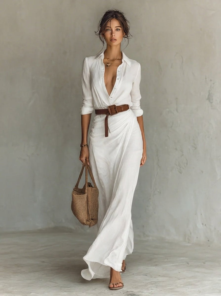 Damen Langarm-Maxikleid fließend tailliert mit Gürtel - Weiß