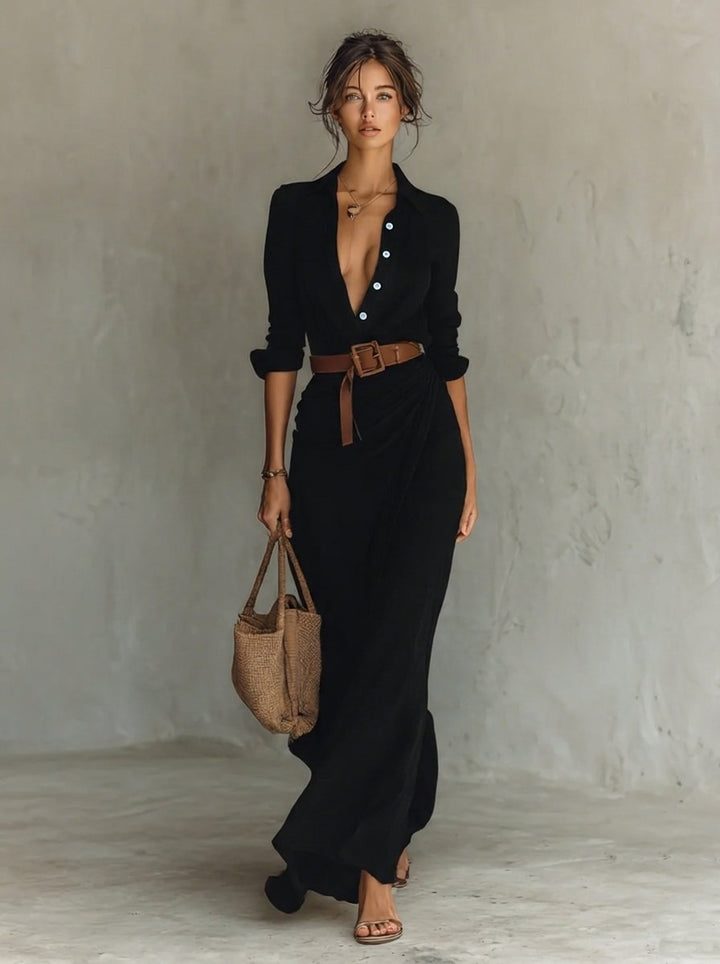 Damen Langarm-Maxikleid fließend tailliert mit Gürtel - Schwarz