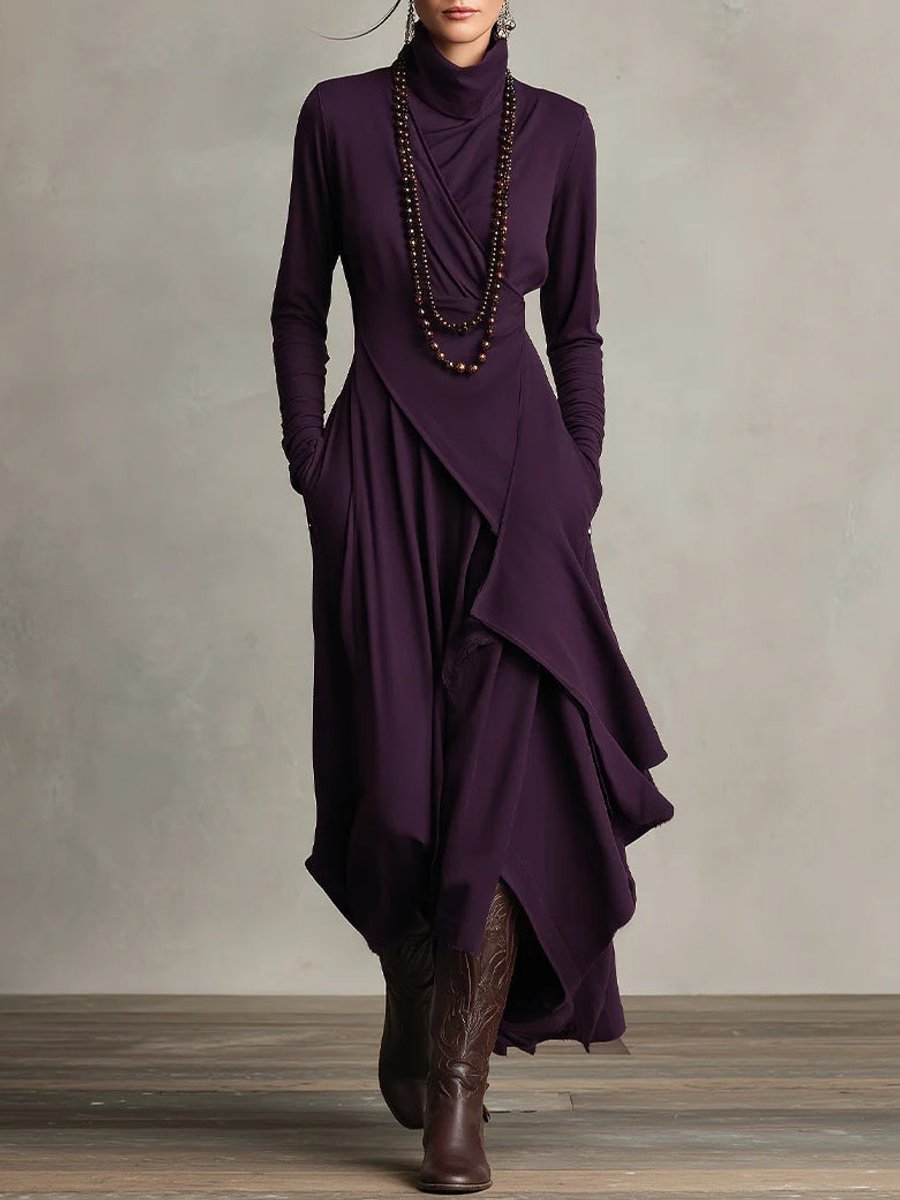 Damen Langarm Maxikleid Rollkragen Asymmetrisch Fließend - Lila