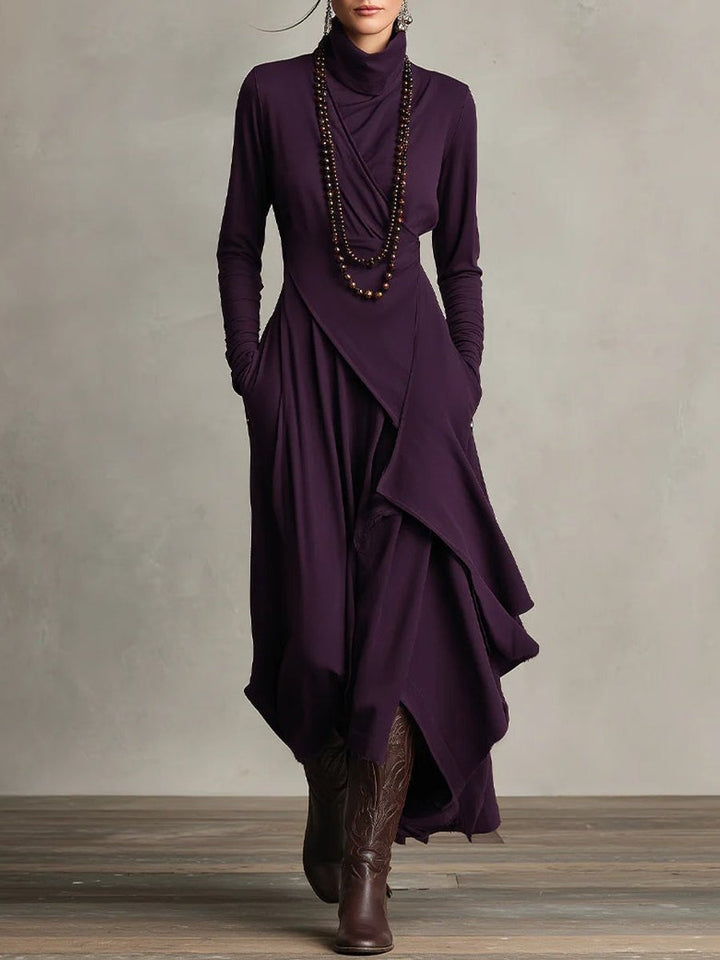 Damen Langarm Maxikleid Rollkragen Asymmetrisch Fließend - Lila