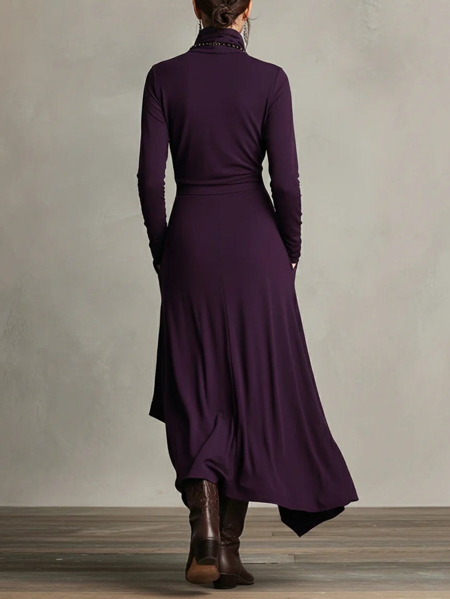 Damen Langarm Maxikleid Rollkragen Asymmetrisch Fließend